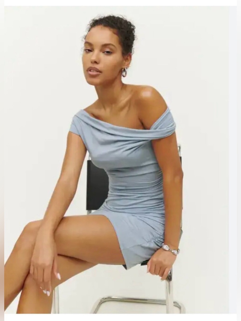 Reformation One-Shoulder Light Blue Ruched Mini Dress